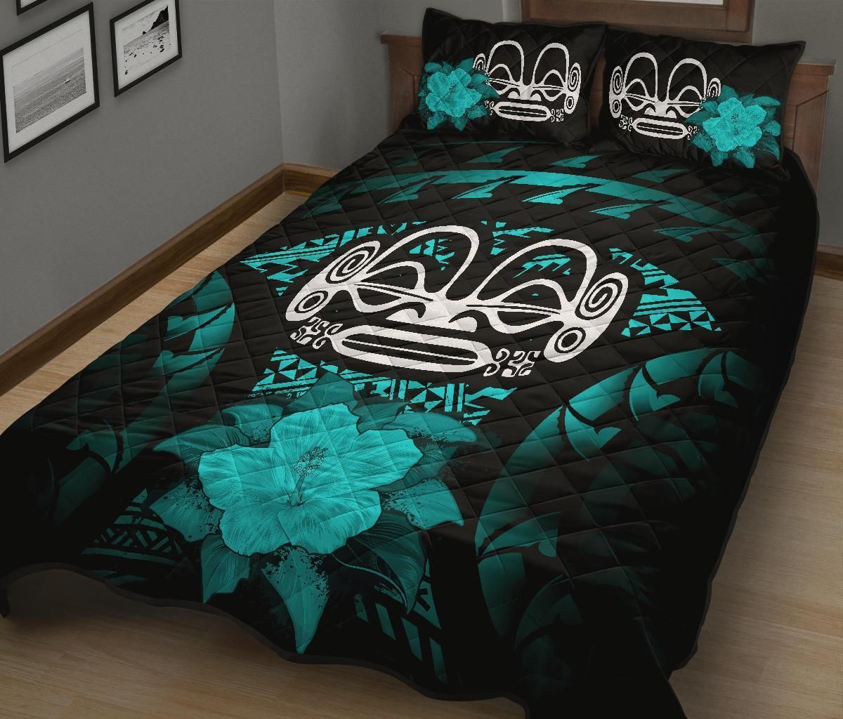 Marquesas Islands Polynesian Quilt Bed Set Hibiscus Turquoise