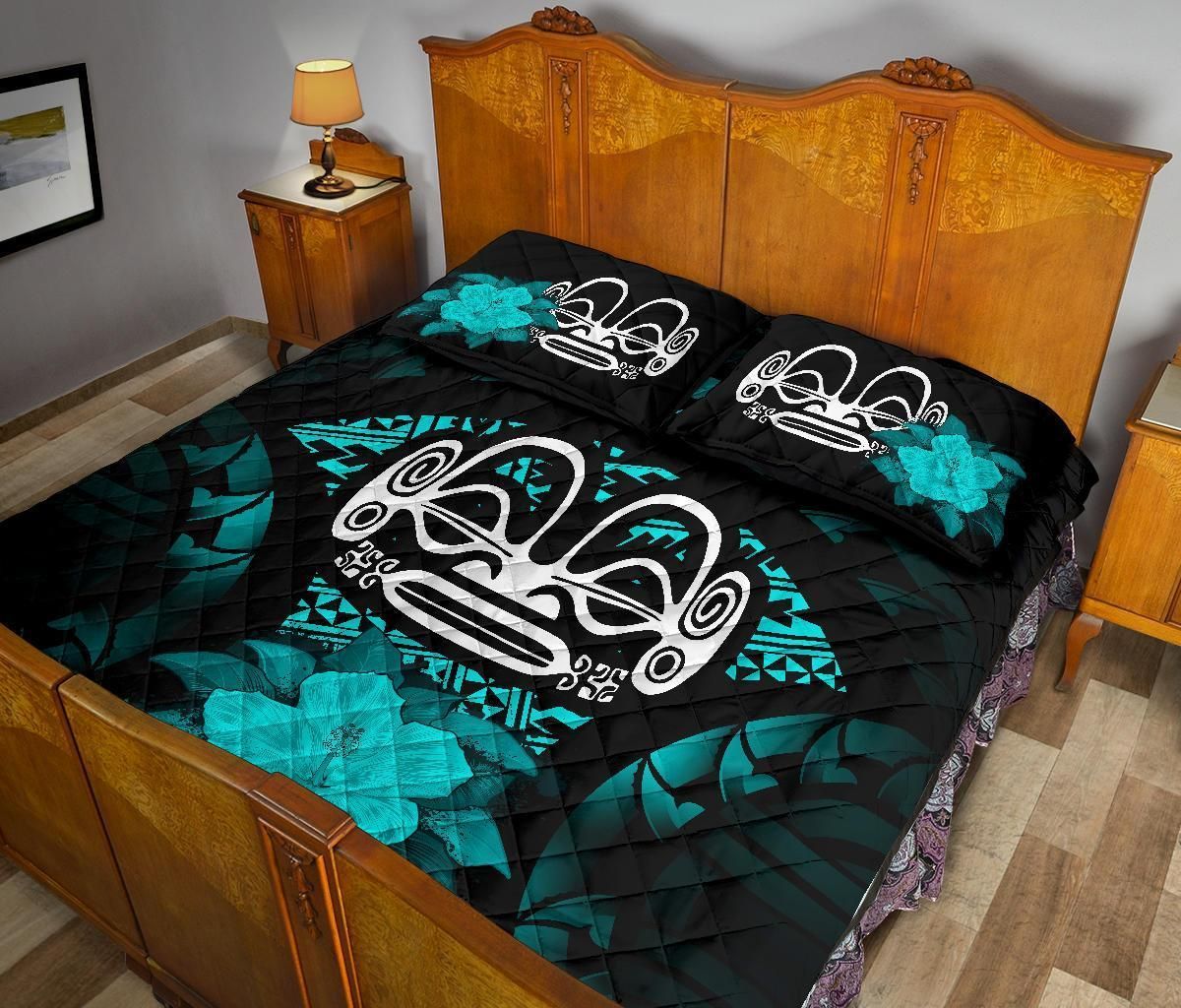Marquesas Islands Polynesian Quilt Bed Set Hibiscus Turquoise