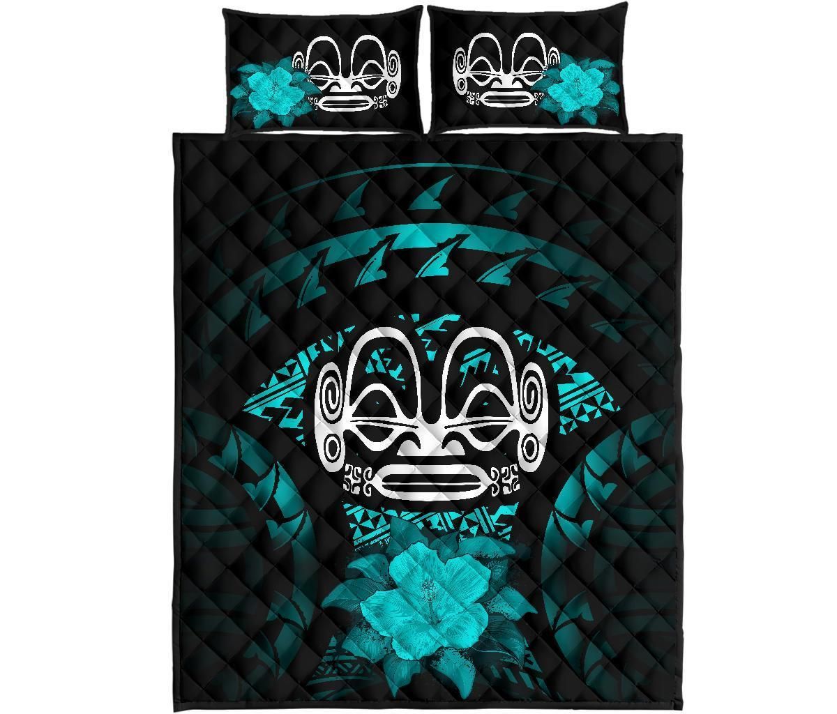 Marquesas Islands Polynesian Quilt Bed Set Hibiscus Turquoise