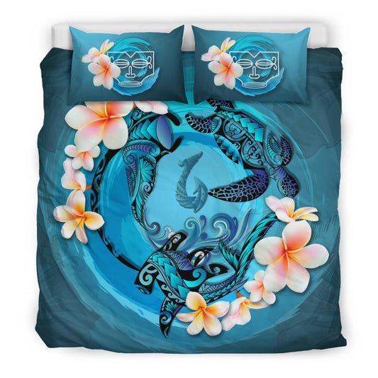 Polynesian Duvet Cover Set - Marquesas Islands Bedding Set Blue Plumeria Animal Tattoo