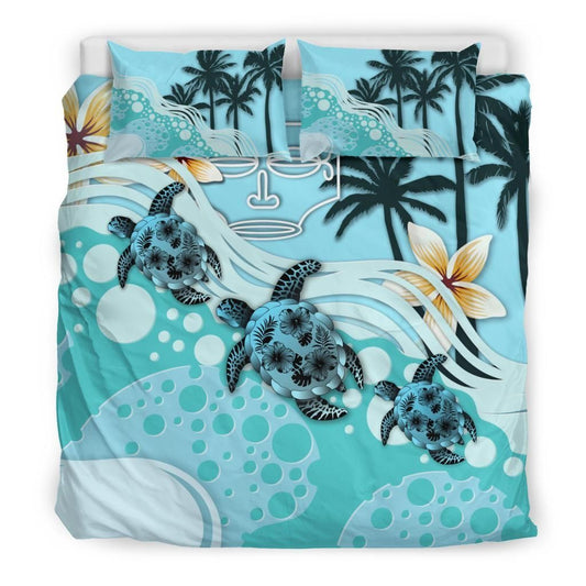 Polynesian Duvet Cover Set - Marquesas Islands Bedding Set Blue Turtle Hibiscus