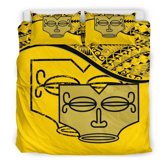 Marquesas Islands Duvet Cover Set - Tiki Face Pattern Yellow