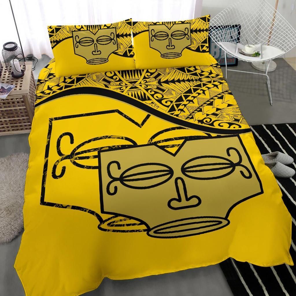 Marquesas Islands Duvet Cover Set - Tiki Face Pattern Yellow