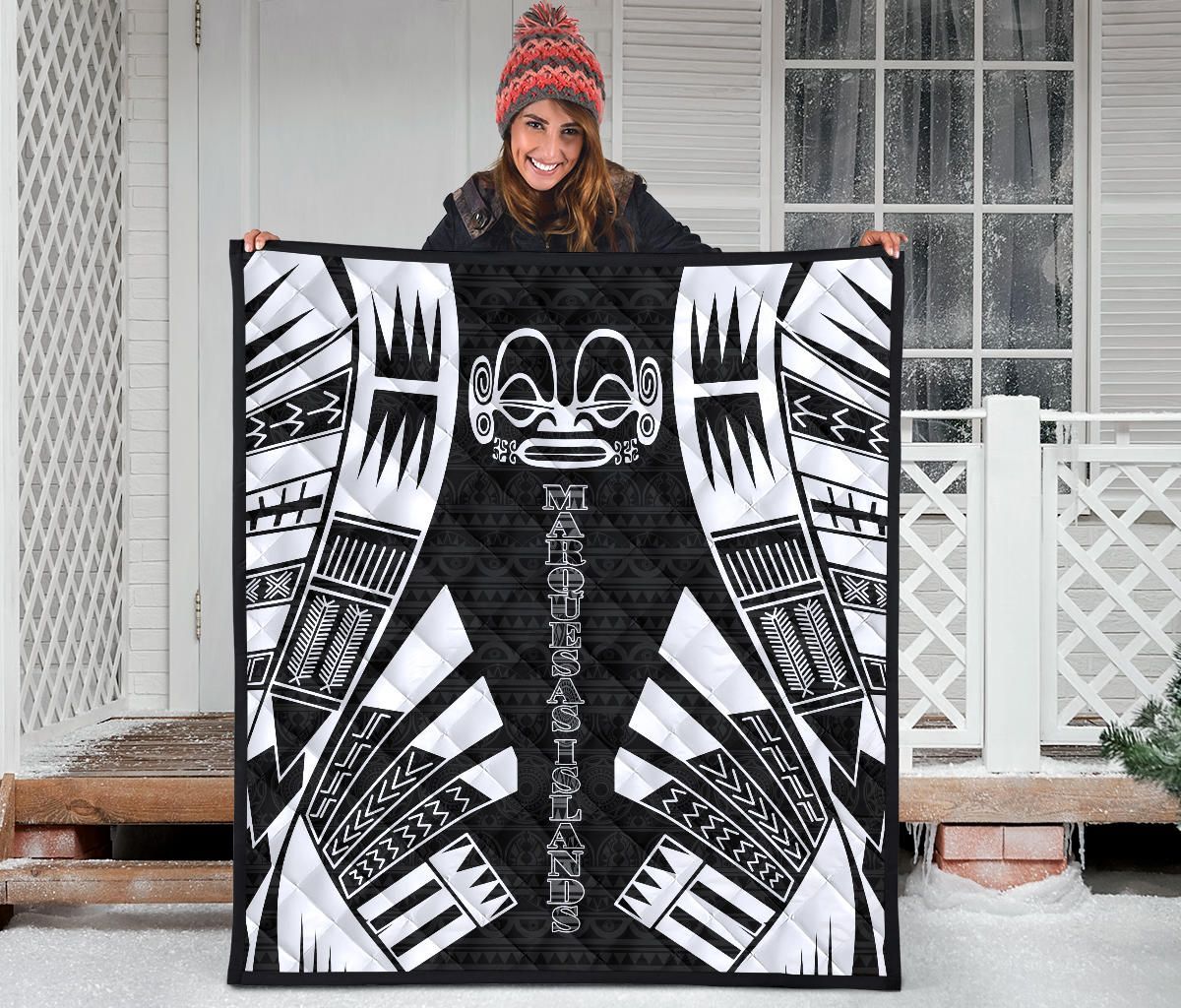 Marquesas Islands Premium Quilt - Marquesas Islands Tiki Face Polynesian White Tattoo