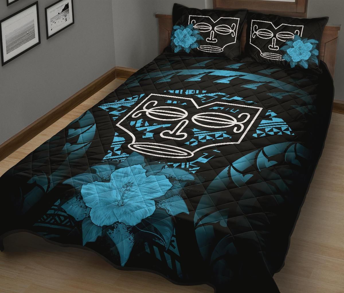 Marquesas Islands Polynesian Quilt Bed Set Hibiscus Blue