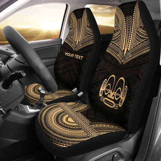 Marquesas Islands Custom Personalised Car Seat Cover - Tiki Face Polynesian Chief Tattoo Gold Version