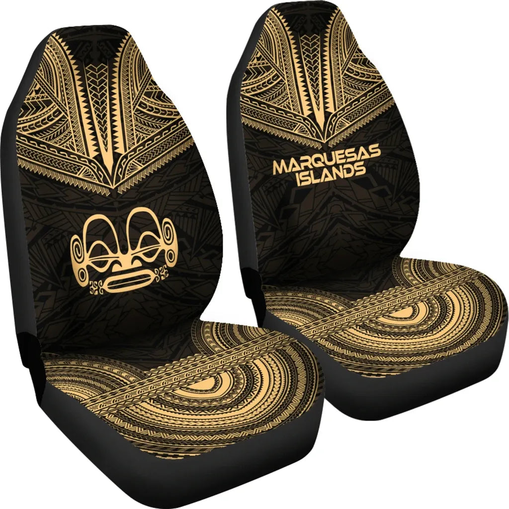 Marquesas Islands Car Seat Cover - Marquesas Islands Tiki Face Polynesian Chief Tattoo Gold Version