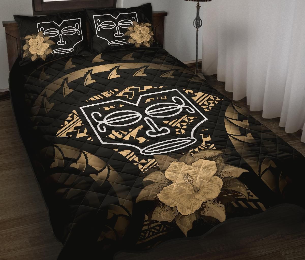 Marquesas Islands Polynesian Quilt Bed Set Hibiscus Gold