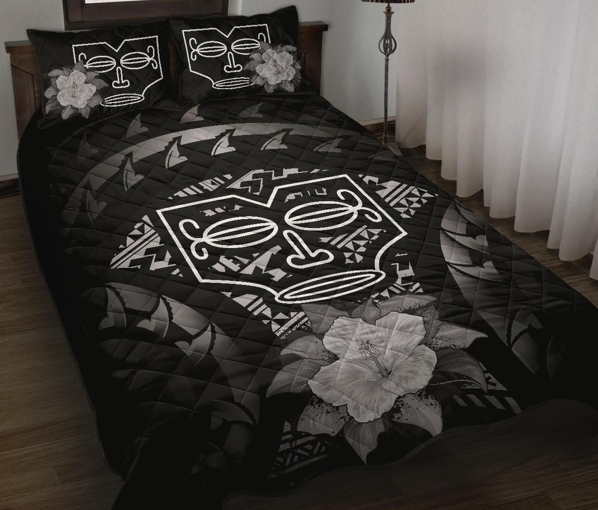 Marquesas Islands Polynesian Quilt Bed Set Hibiscus Gray