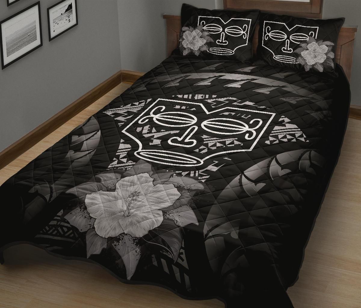 Marquesas Islands Polynesian Quilt Bed Set Hibiscus Gray