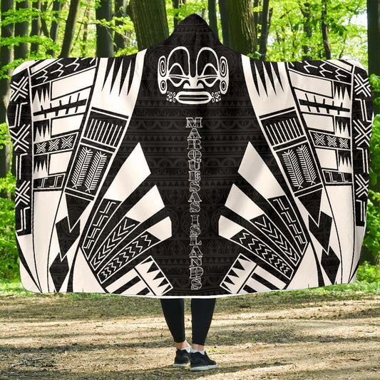 Marquesas Islands Hooded Blanket - Polynesian Tattoo Black