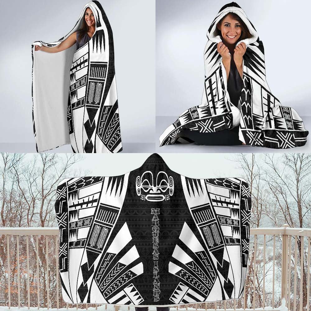 Marquesas Islands Hooded Blanket - Polynesian Tattoo Black