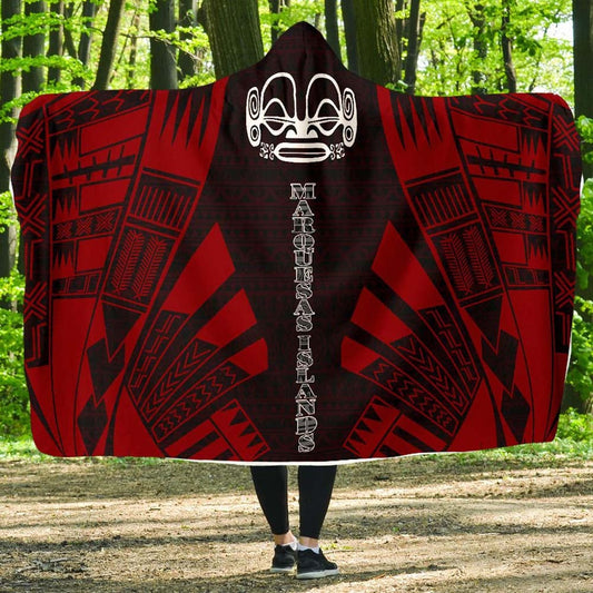 Marquesas Islands Hooded Blanket - Polynesian Tattoo Red