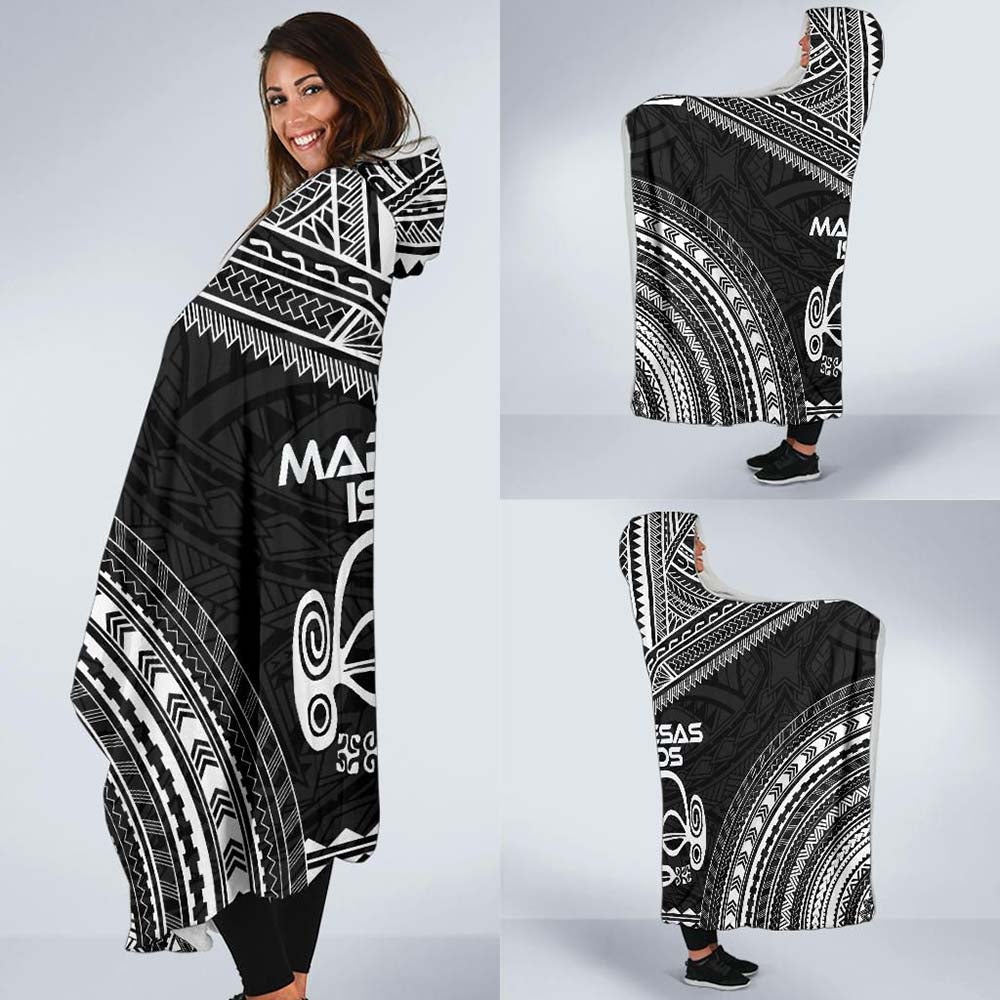 Marquesas Islands Polynesian Chief Hooded Blanket - Black Version