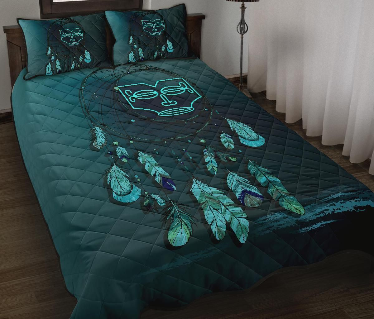 Marquesas Islands Polynesian Quilt Bed Set Dreamcatcher Blue