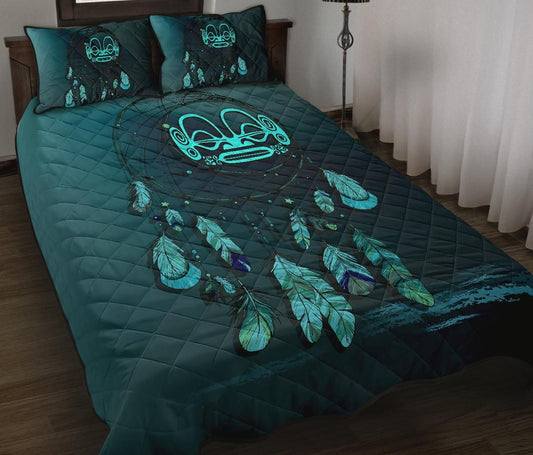 Marquesas Islands Polynesian Quilt Bed Set Dreamcatcher Blue