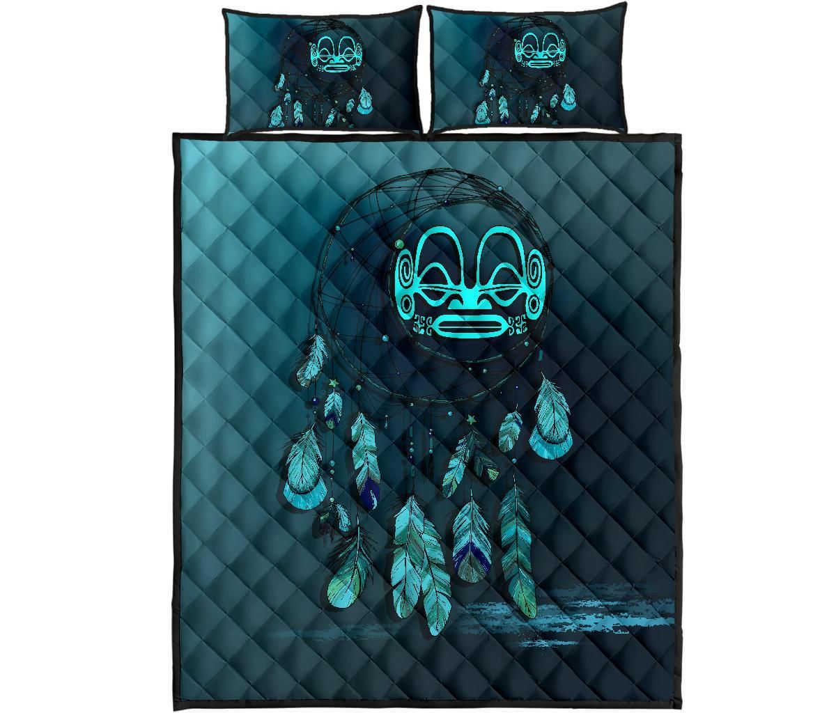 Marquesas Islands Polynesian Quilt Bed Set Dreamcatcher Blue