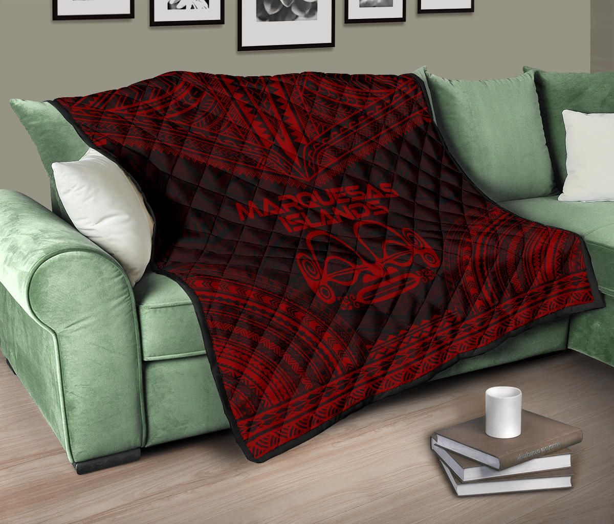 Marquesas Islands Premium Quilt - Marquesas Islands Tiki Face Polynesian Chief Dark Red Version