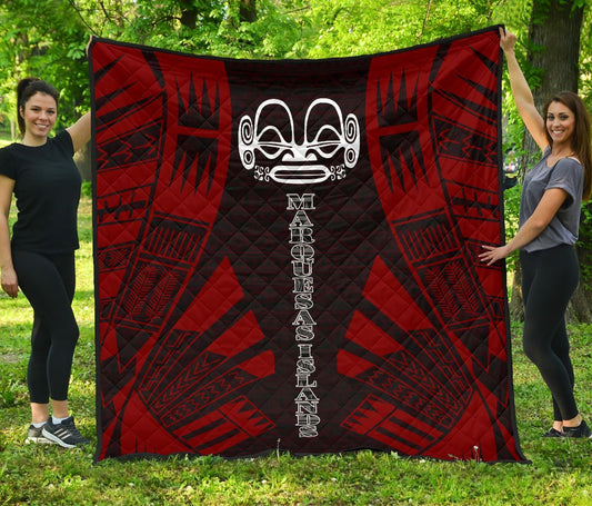 Marquesas Islands Premium Quilt - Marquesas Islands Tiki Face Polynesian Red Tattoo