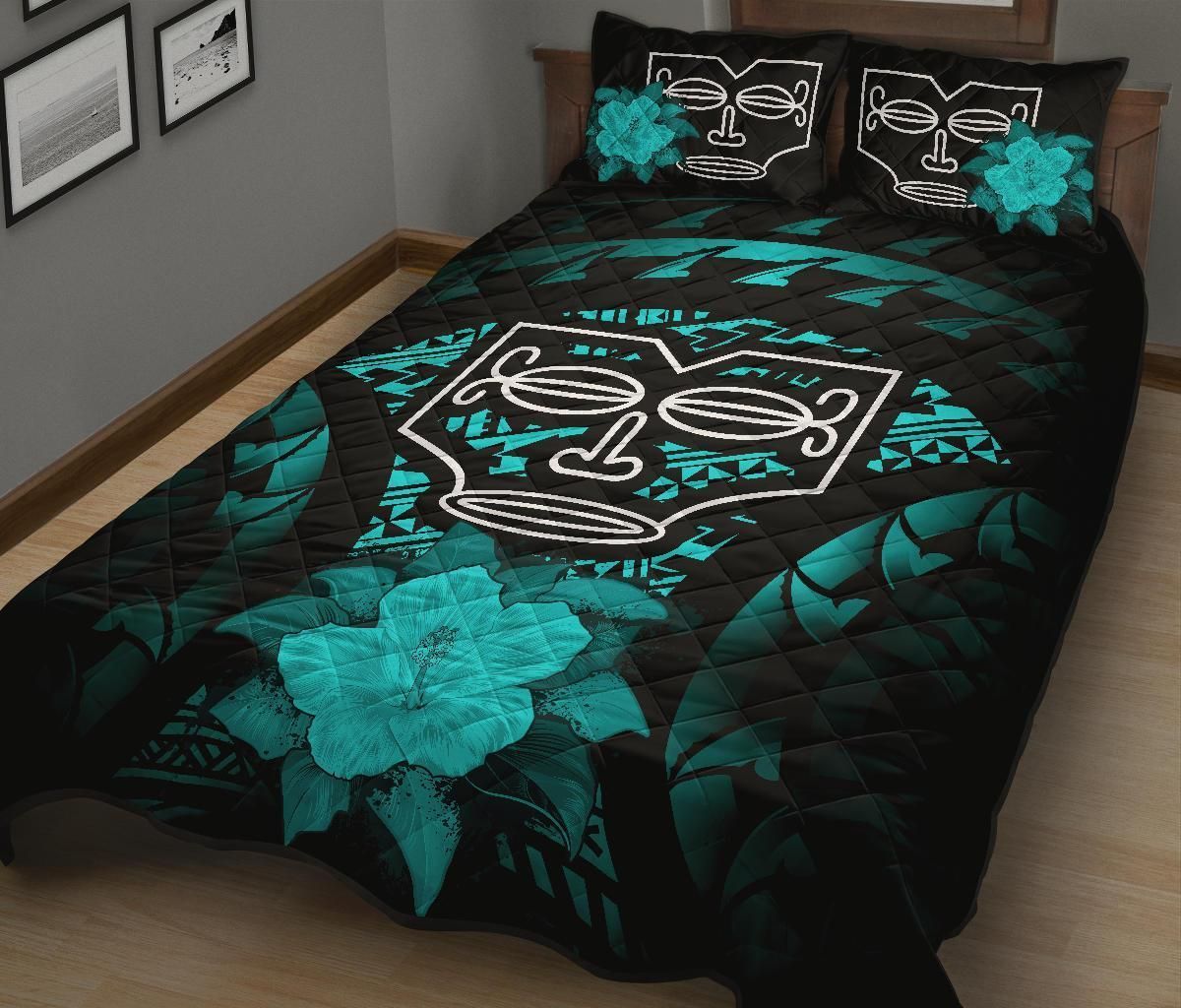 Marquesas Islands Polynesian Quilt Bed Set Hibiscus Turquoise