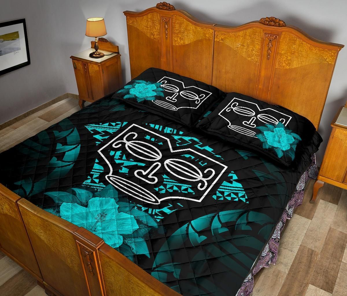 Marquesas Islands Polynesian Quilt Bed Set Hibiscus Turquoise