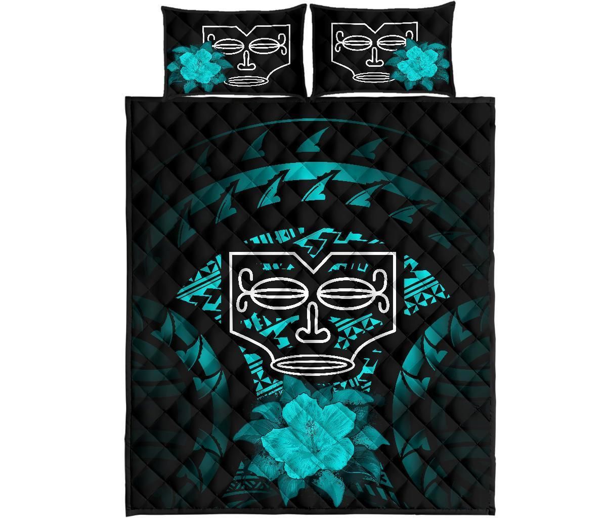 Marquesas Islands Polynesian Quilt Bed Set Hibiscus Turquoise