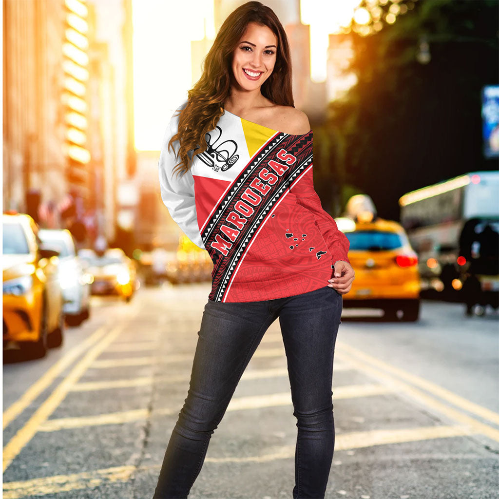 Marquesas Islands Off Shoulder Sweatshirt Flag And Coat Of Arms