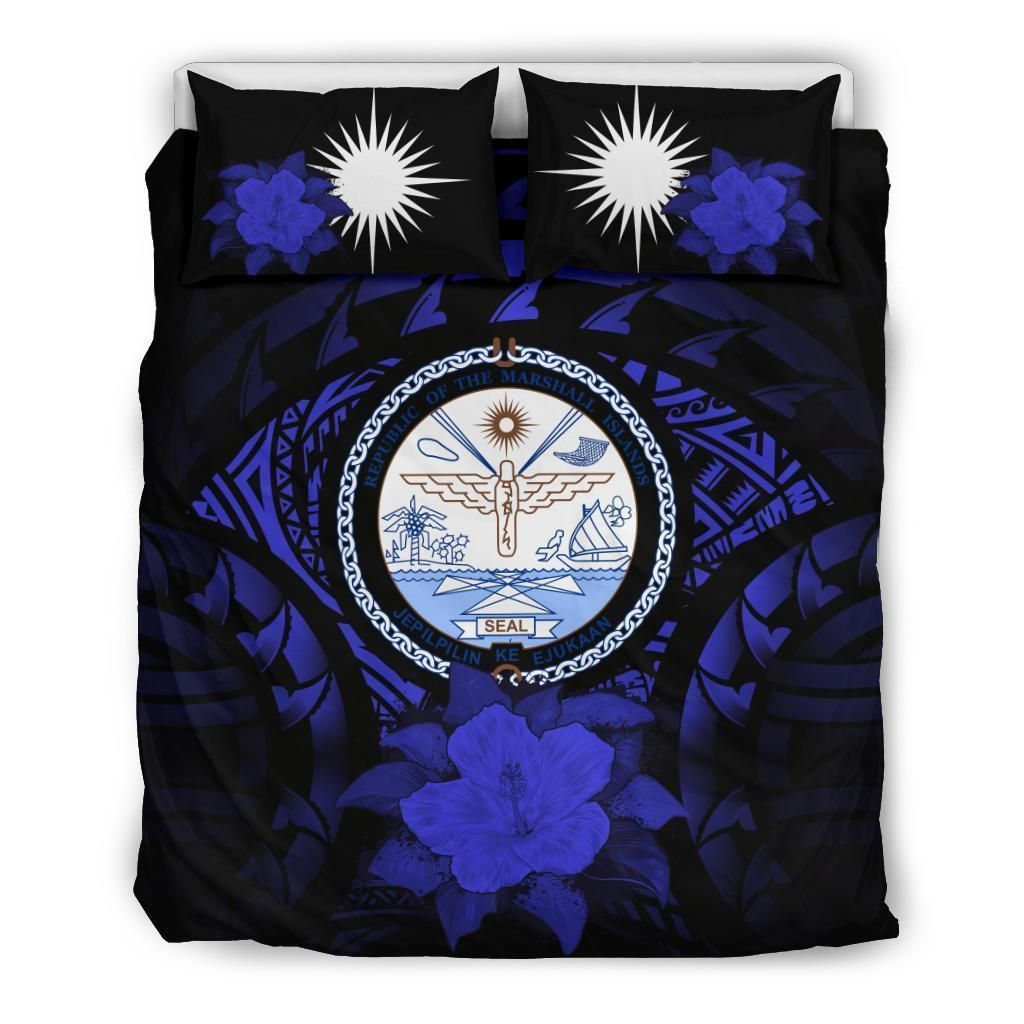 Marshall Islands Duvet Cover Set - Marshall Islands Seal & Dark Blue Hibiscus