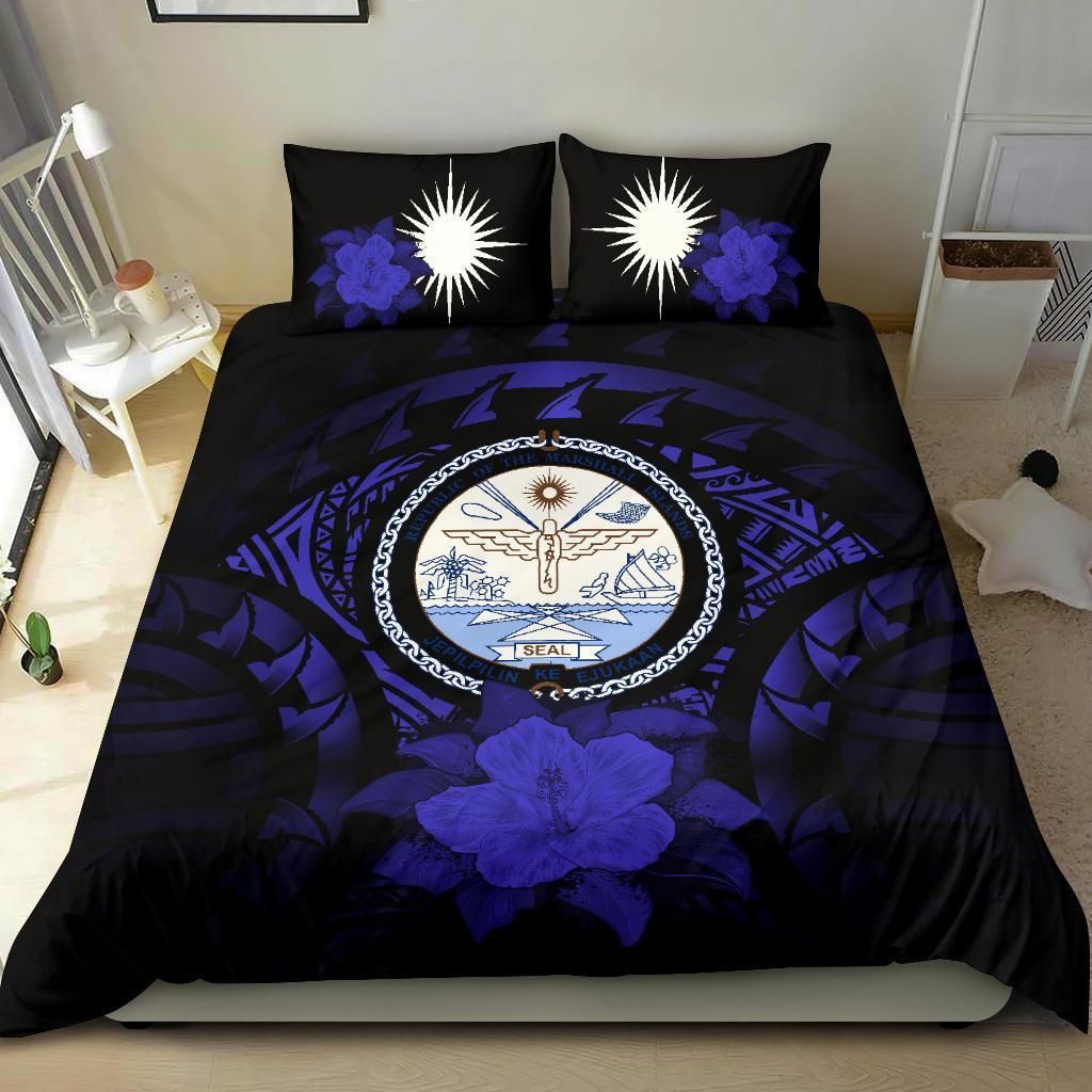 Marshall Islands Duvet Cover Set - Marshall Islands Seal & Dark Blue Hibiscus