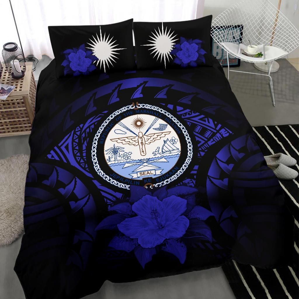 Marshall Islands Duvet Cover Set - Marshall Islands Seal & Dark Blue Hibiscus