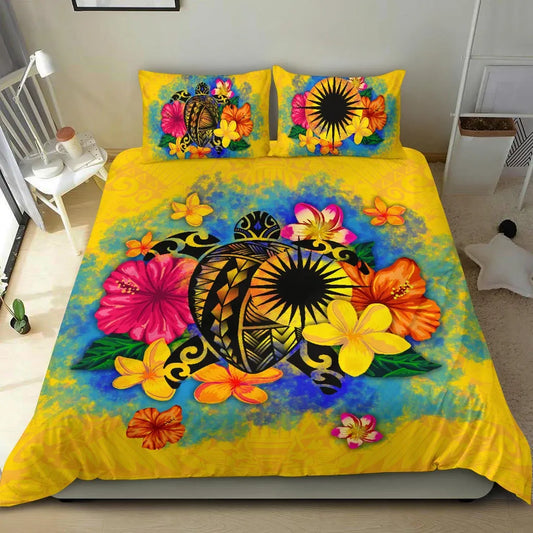 Marshall Islands Polynesian Bedding Set - Turtle With Plumeria And Hibiscus