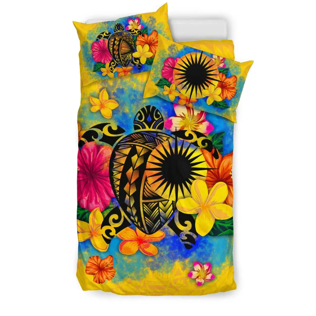 Marshall Islands Polynesian Bedding Set - Turtle With Plumeria And Hibiscus