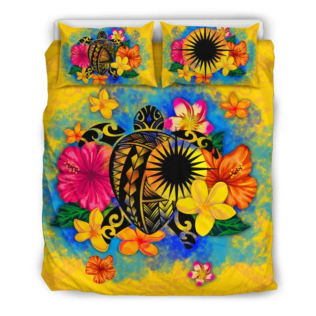 Marshall Islands Polynesian Bedding Set - Turtle With Plumeria And Hibiscus