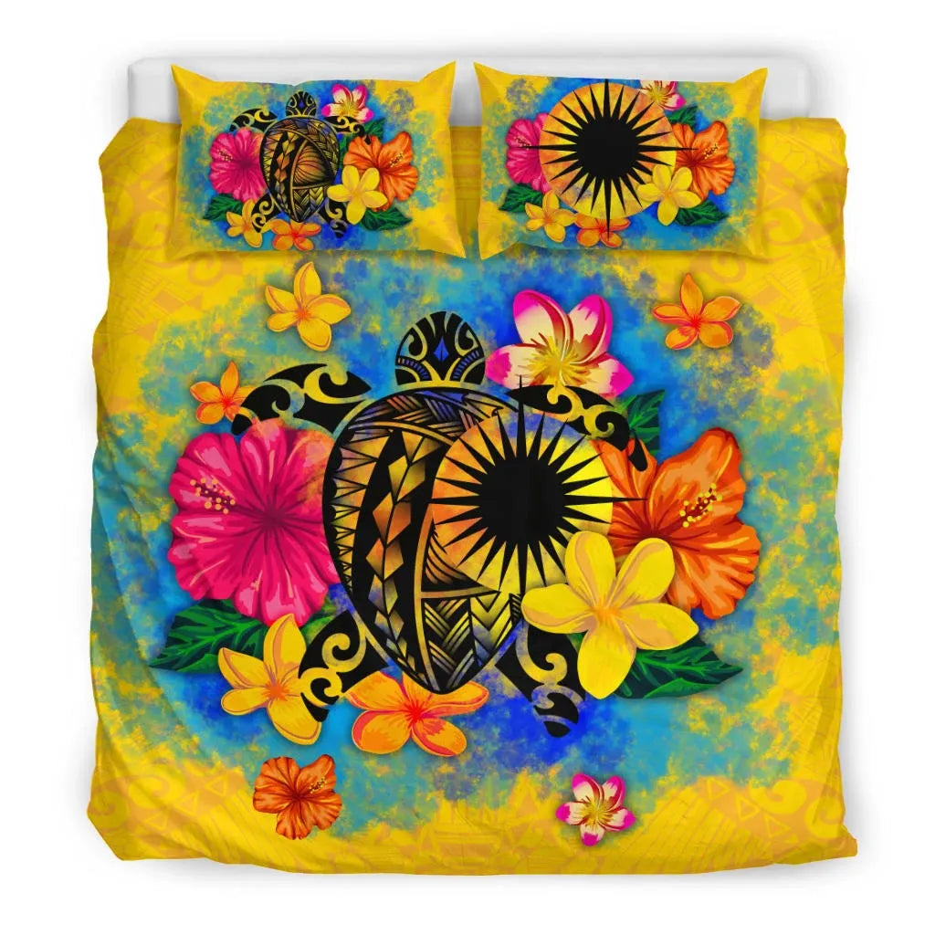 Marshall Islands Polynesian Bedding Set - Turtle With Plumeria And Hibiscus
