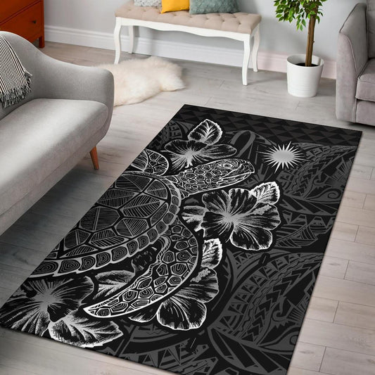 Marshall Islands Area Rugs Turtle Hibiscus Black