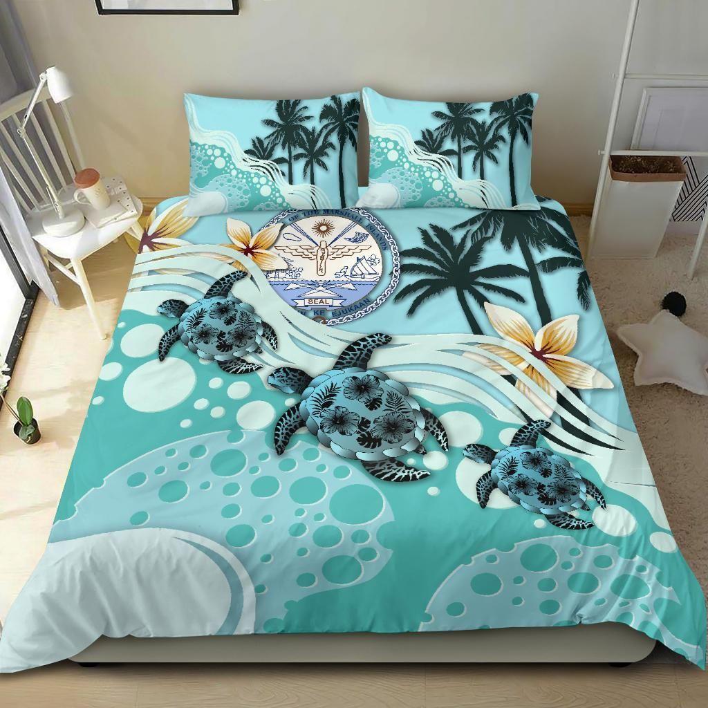 Polynesian Duvet Cover Set - Marshall Islands Bedding Set Blue Turtle Hibiscus