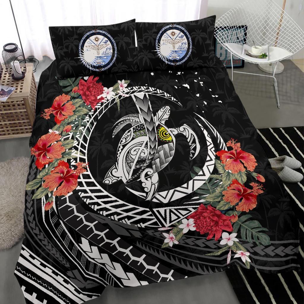 Polynesian Duvet Cover Set - Marshall Islands Bedding Set Polynesia Map Turtle Hibiscus