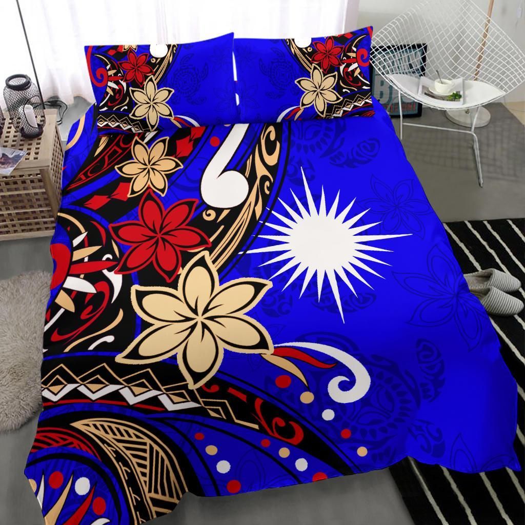 Marshall Islands Bedding Set - Tribal Flower With Special Turtles Blue Color
