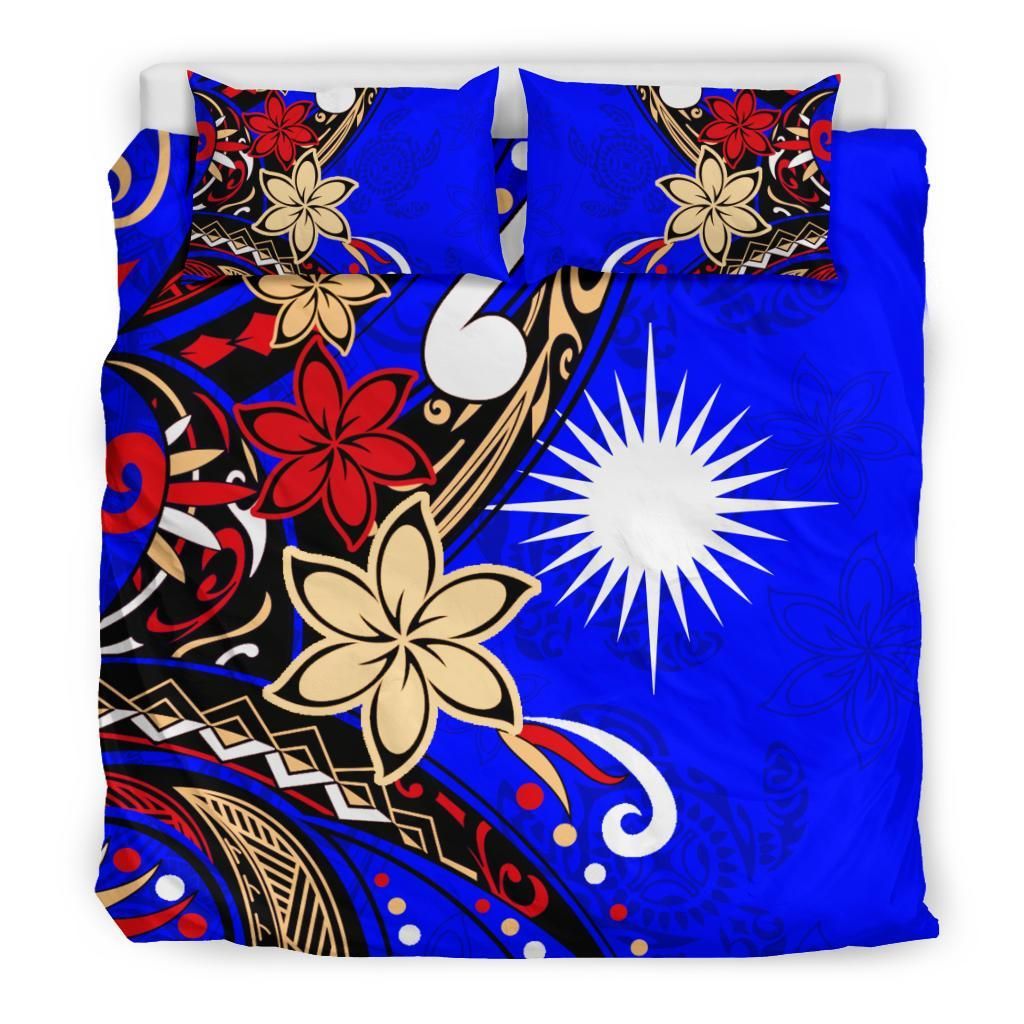 Marshall Islands Bedding Set - Tribal Flower With Special Turtles Blue Color