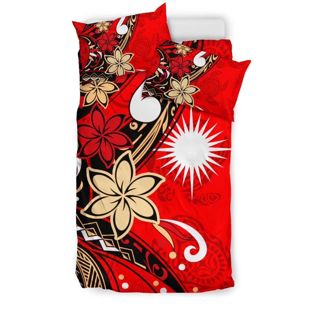 Marshall Islands Bedding Set - Tribal Flower With Special Turtles Red Color