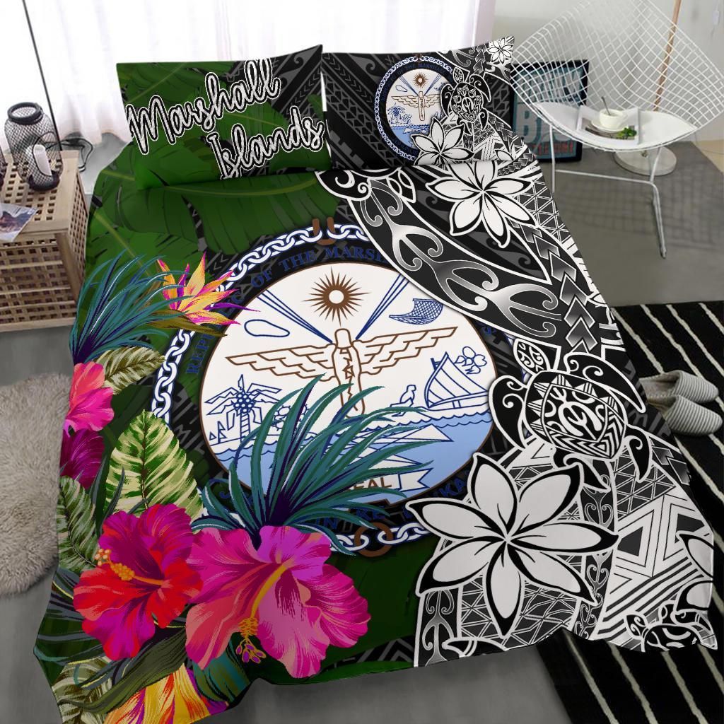 Marshall Islands Bedding Set - Turtle Plumeria Banana Leaf Crest