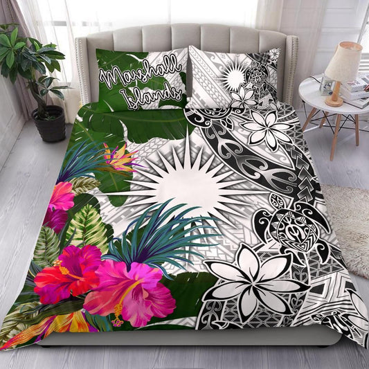 Marshall Islands Bedding Set White - Turtle Plumeria Banana Leaf
