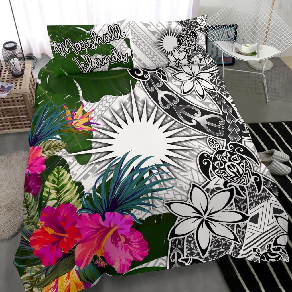 Marshall Islands Bedding Set White - Turtle Plumeria Banana Leaf