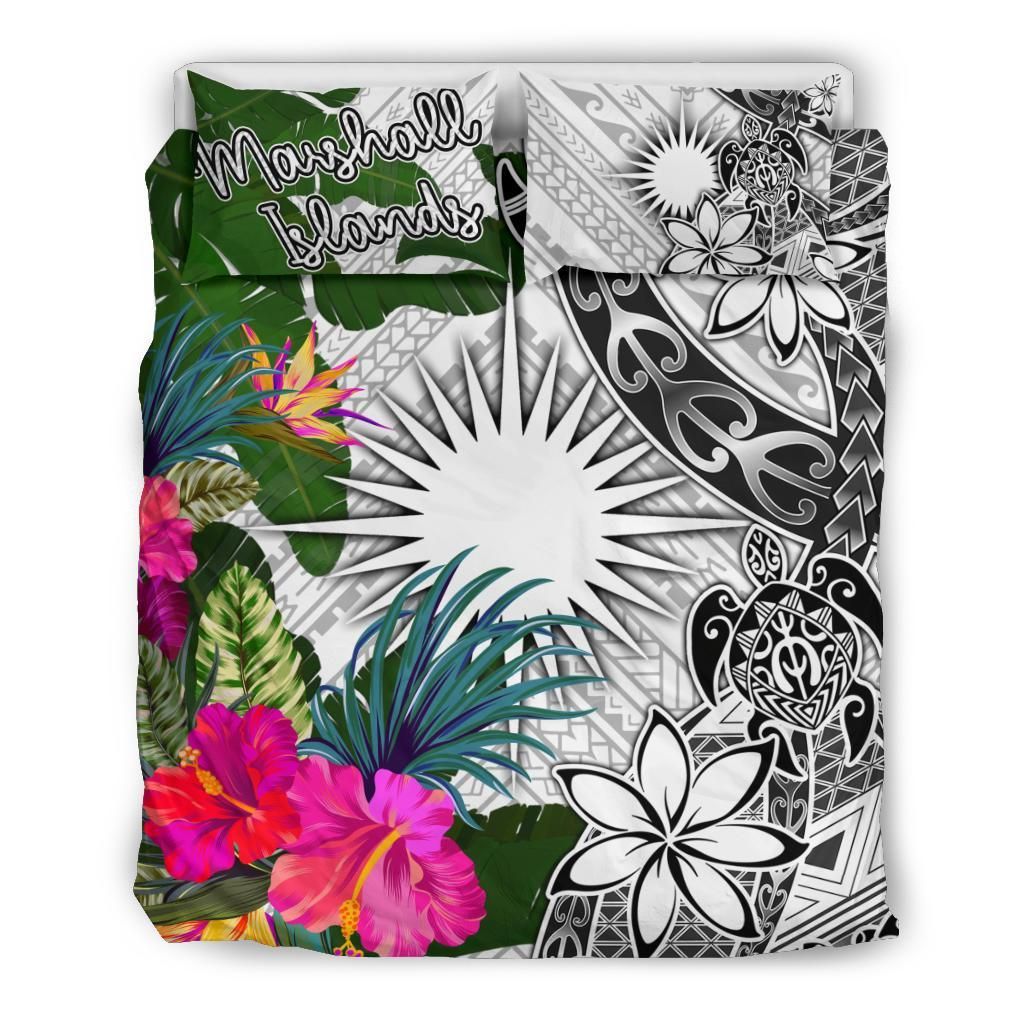 Marshall Islands Bedding Set White - Turtle Plumeria Banana Leaf