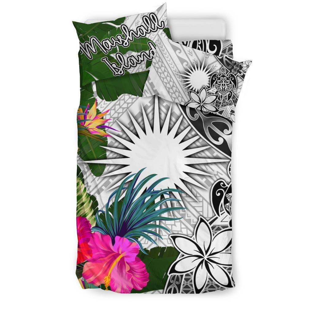 Marshall Islands Bedding Set White - Turtle Plumeria Banana Leaf