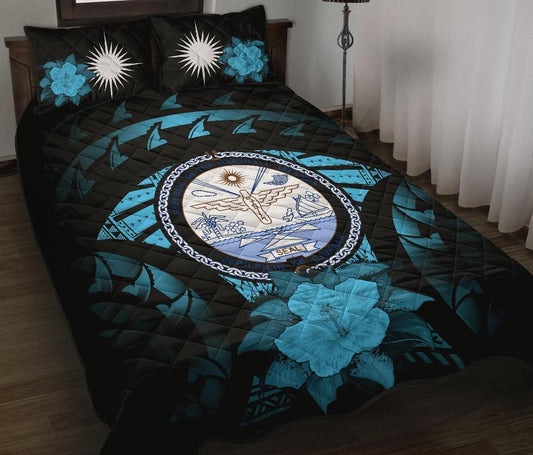 Marshall Islands Polynesian Quilt Bed Set Hibiscus Blue