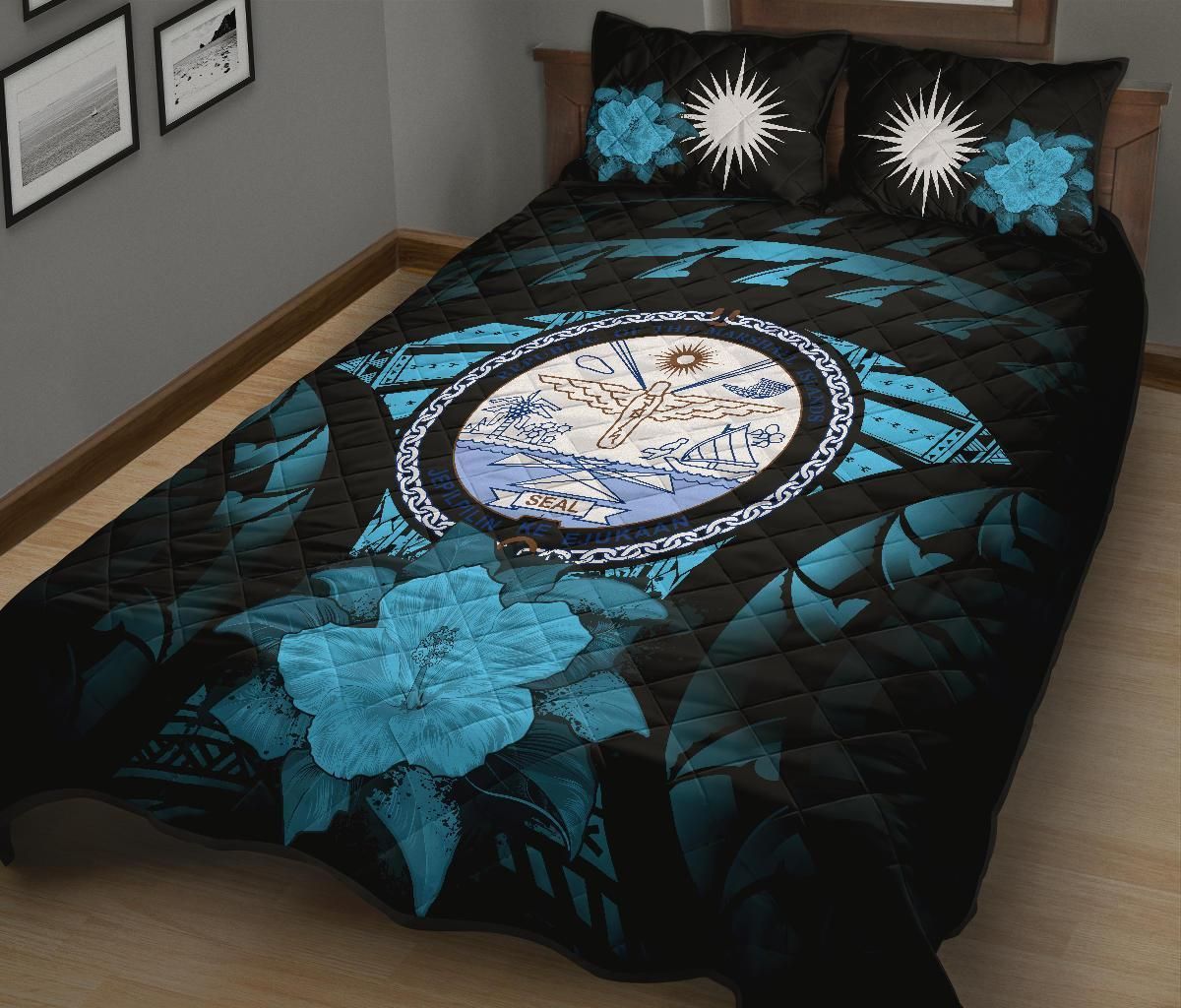 Marshall Islands Polynesian Quilt Bed Set Hibiscus Blue