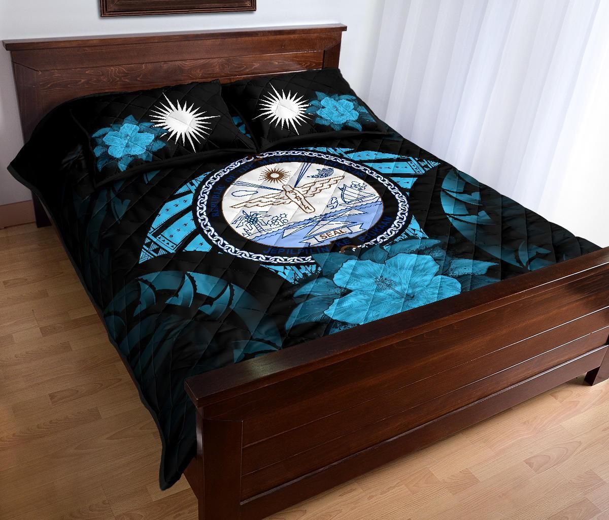 Marshall Islands Polynesian Quilt Bed Set Hibiscus Blue