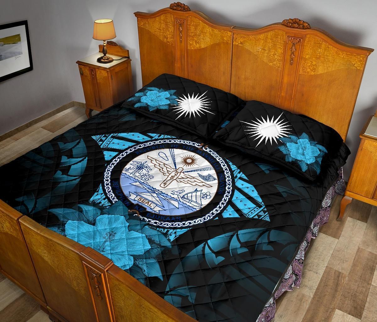Marshall Islands Polynesian Quilt Bed Set Hibiscus Blue