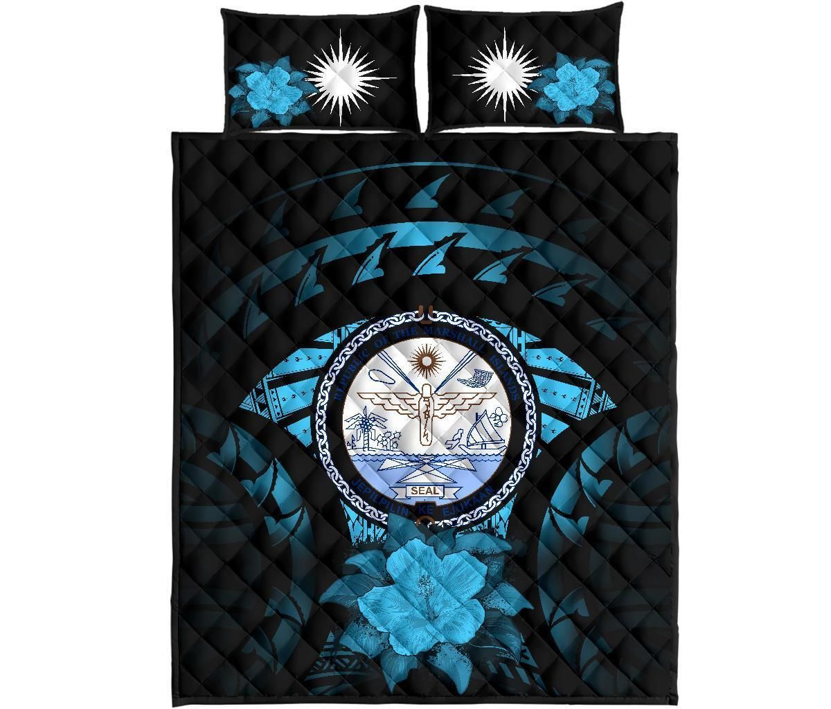 Marshall Islands Polynesian Quilt Bed Set Hibiscus Blue